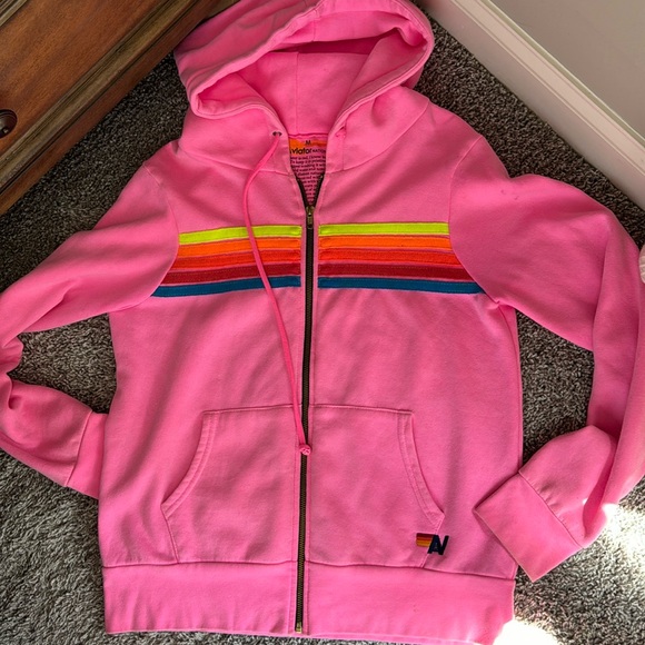 Aviator Nation - 5 STRIPE Zip up HOODIE - NEON PINK Sold out online - Size M - Picture 2 of 4